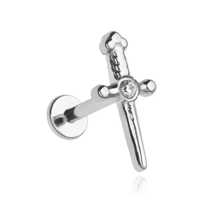 Titanium labret dagger with zirconia - silver