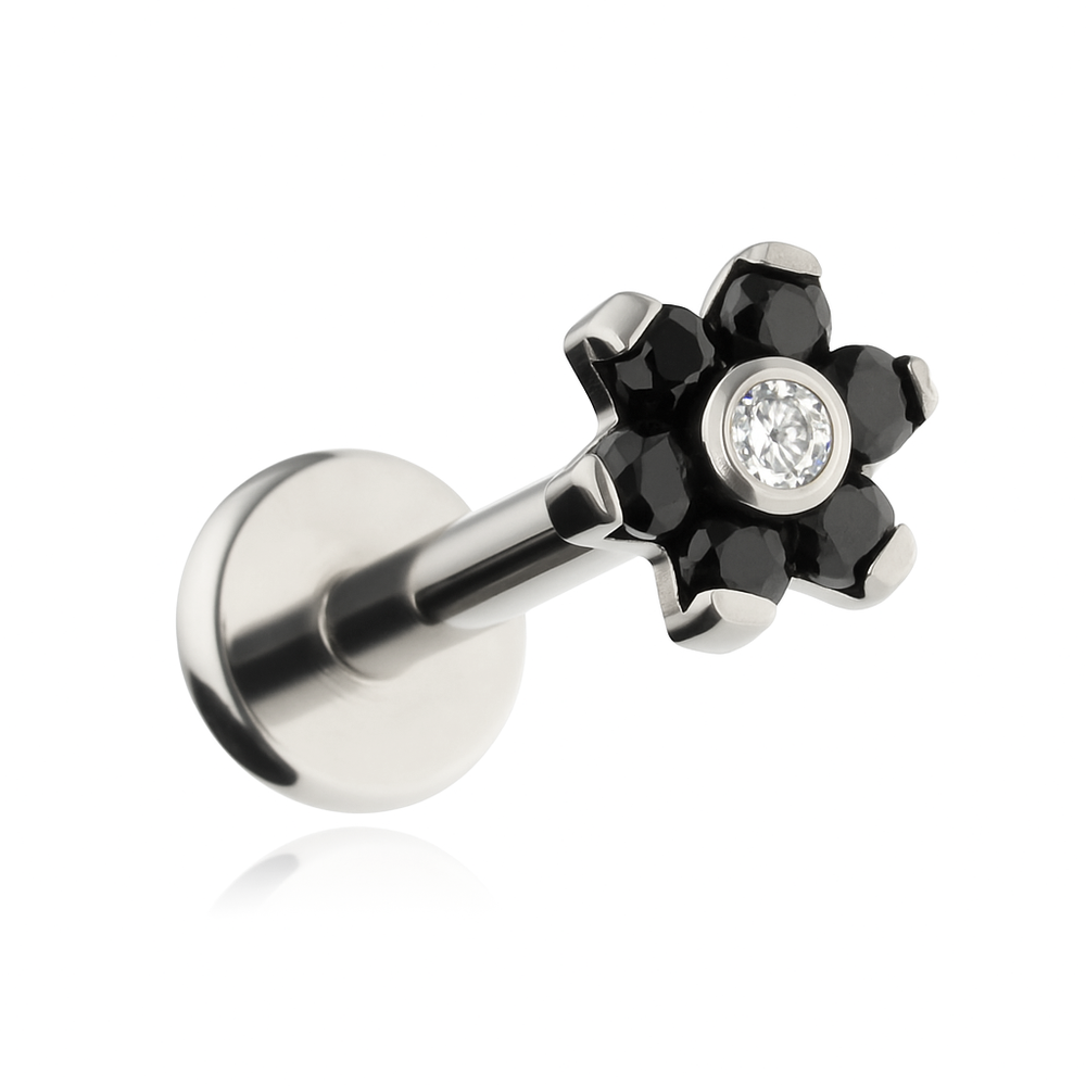 Titanium labret flower with black and white zirconia- silver