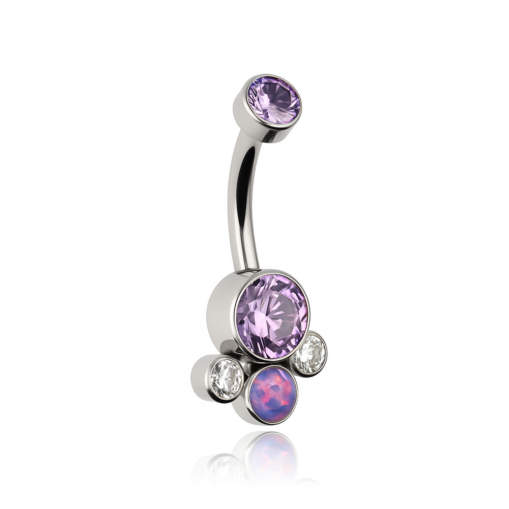 Titanium belly button ring with purple cubic zirconia and opal - silver - TPP-013