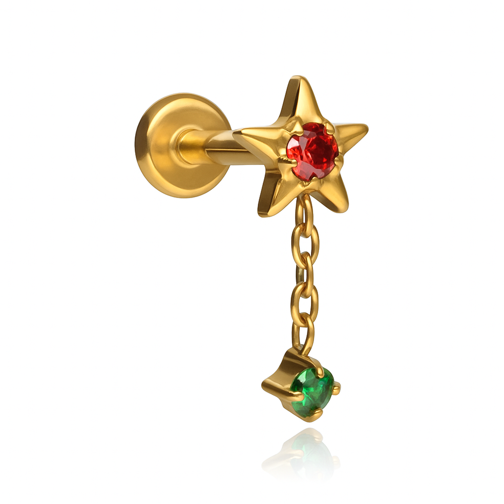 Titanium labret star with red and green zirconia - gold