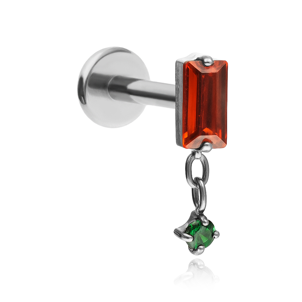 Titanium labret with red and green zirconia - silver