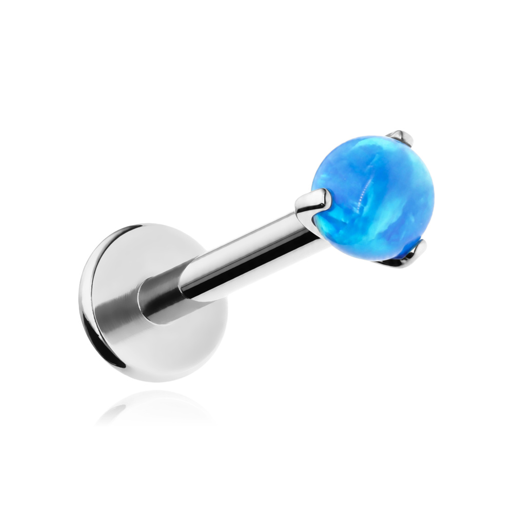 Tytanowy kolczyk labret opal niebieski - srebrny