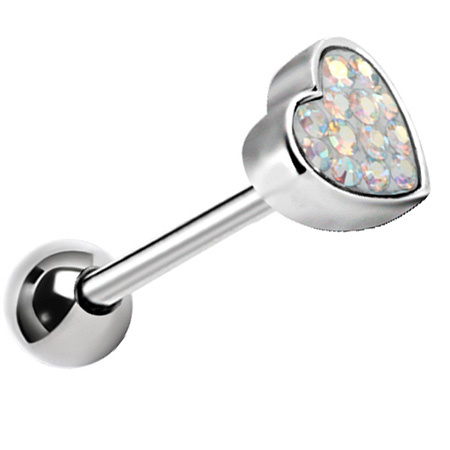 Tongue barbell silver heart with iridescent crystals - KJ-008