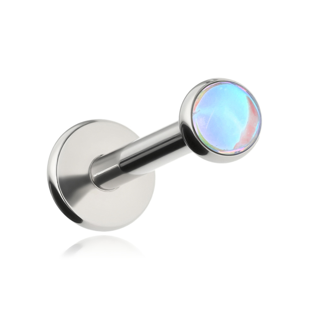 Titanium labret PUSH IN with a blue iridescent decoration - silver