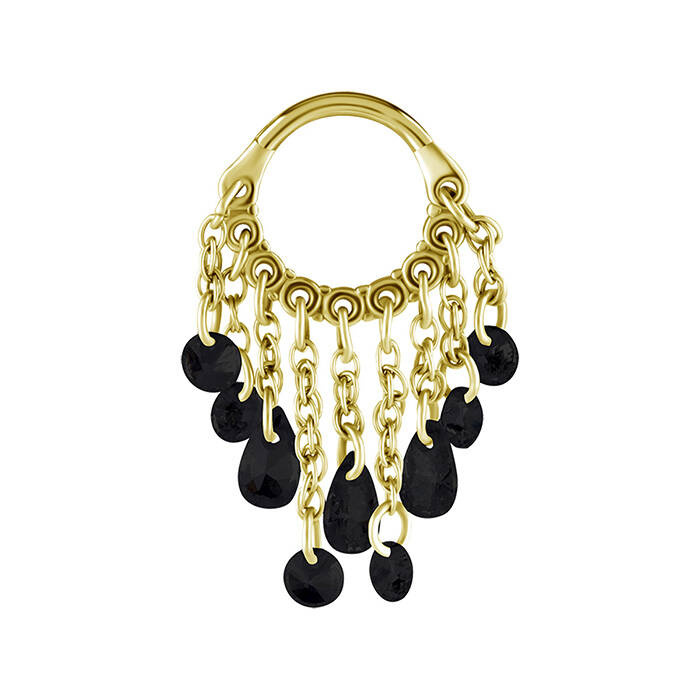 Piercing ring clicker with chains and black zircons - gold - K-065