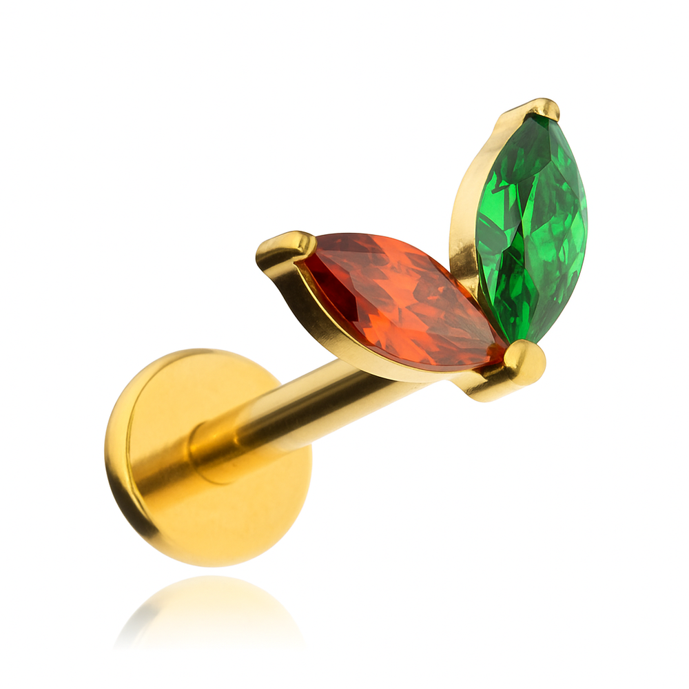 Titanium labret with green and red zirconia - gold