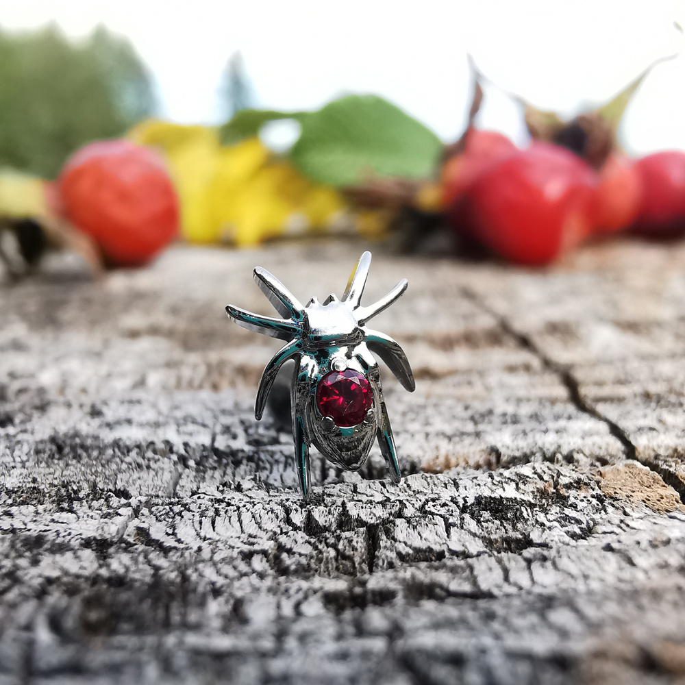 Titanium labret spider with red zirconia - silver - TGW-140