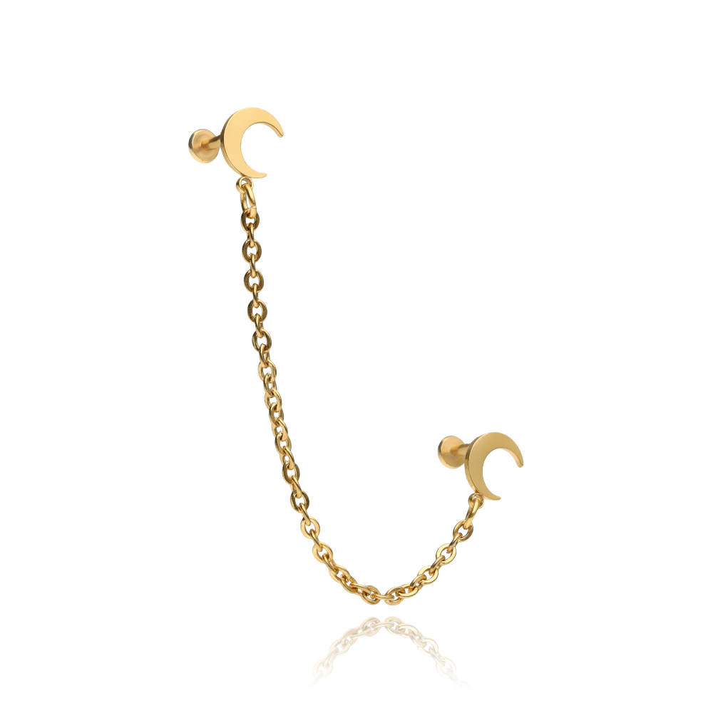 Earring labret moons with chain - gold - LGW-044/2