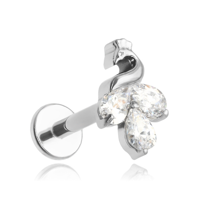 Titanium labret - peacock with white zircons