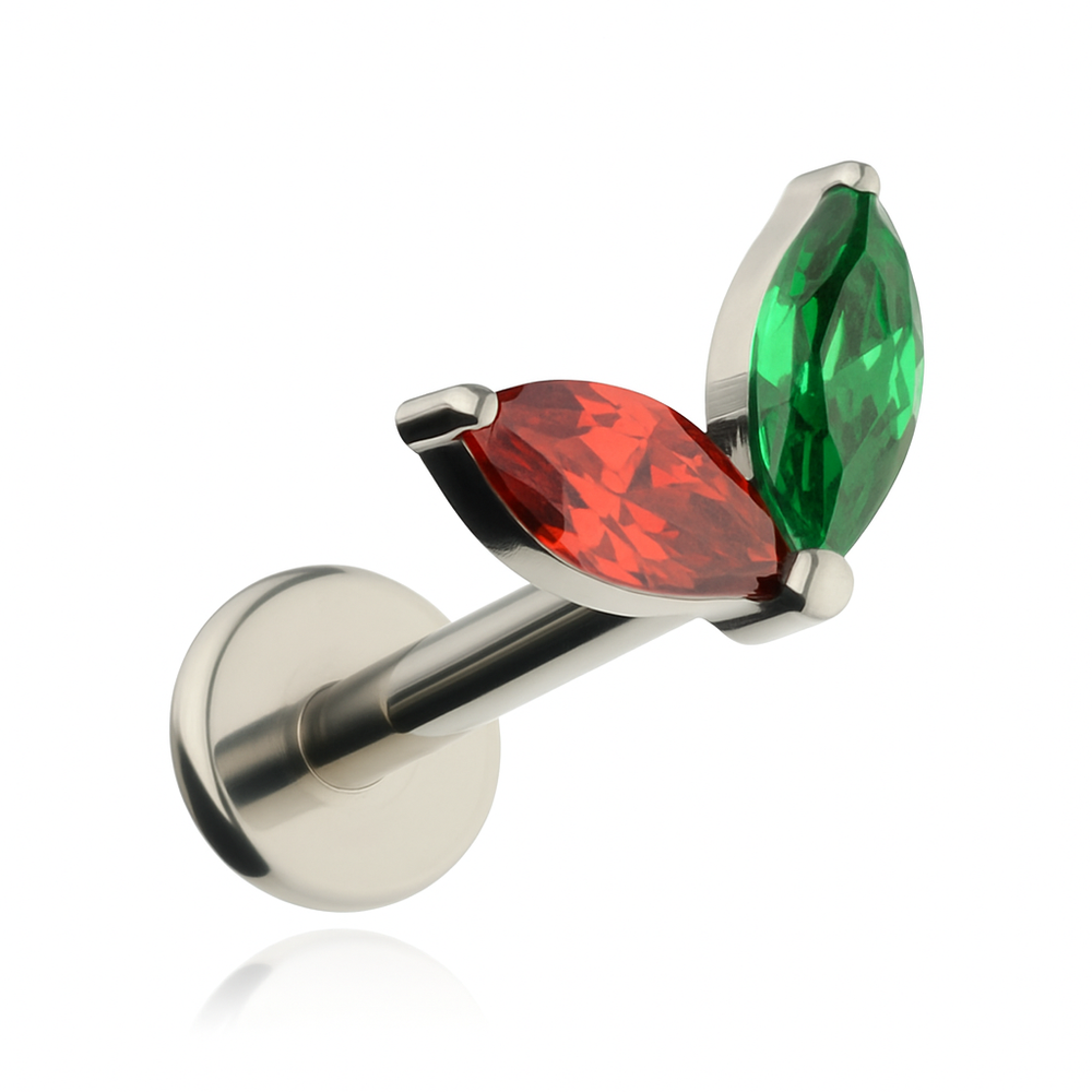 Titanium labret with green and red zirconia - silver