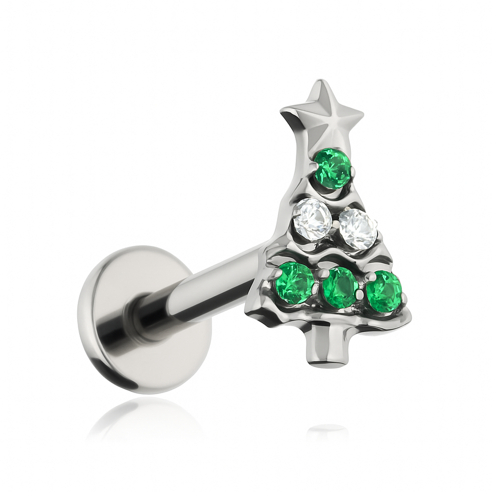 Titanium labret christmas tree with white and green zircons- silver
