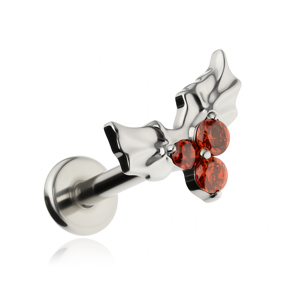 Titanium labret leaves with red zircons- silver