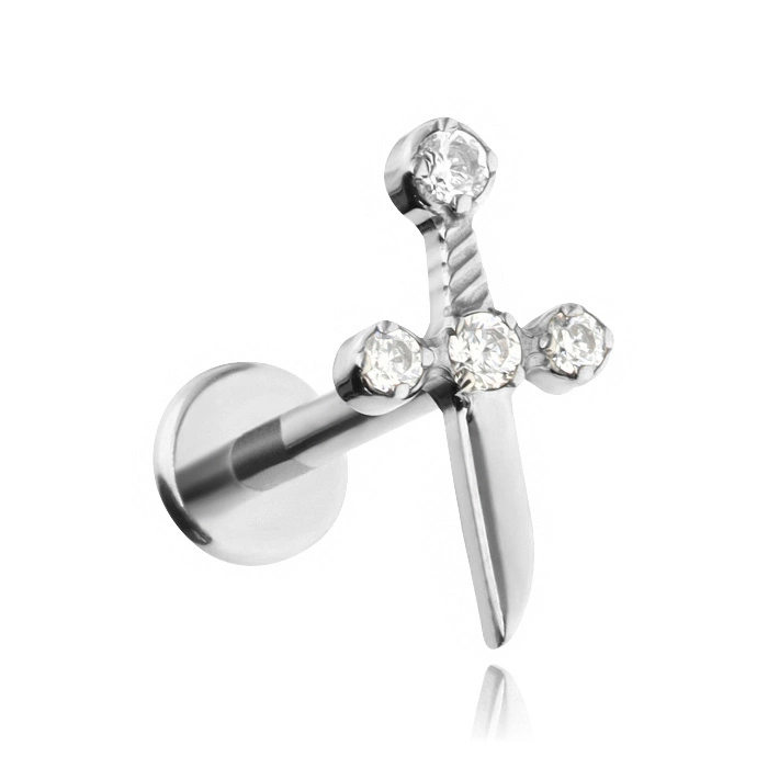 Titanium labret dagger with white cubic zirconia - silver