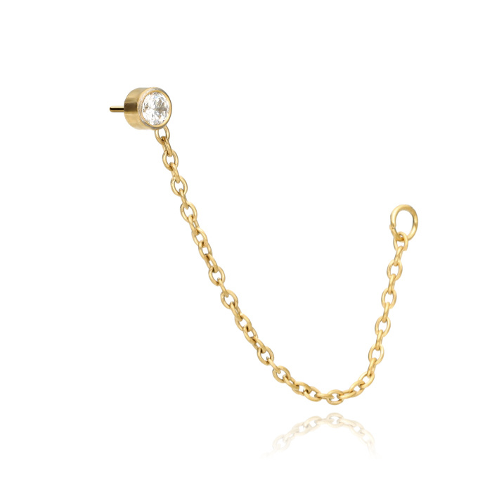 Titanium labret gold with white zirconia and chain - push in - TPI-007