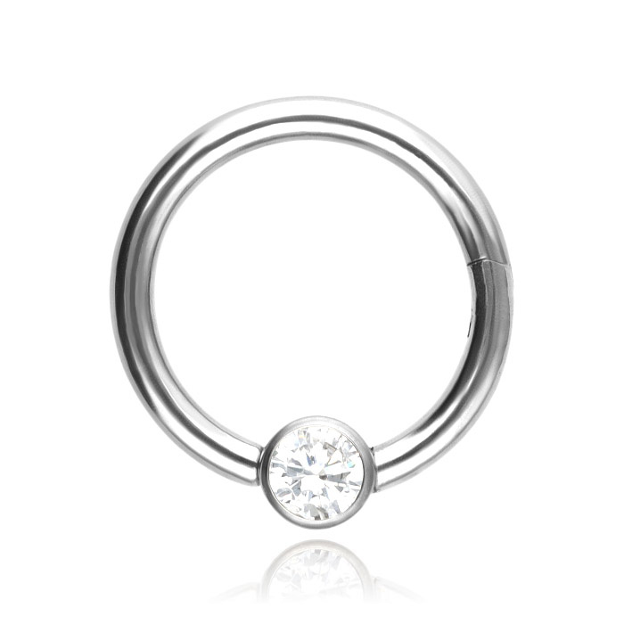 Titanium piercing ring BCR clicker with white zirconia - silver - TK-080