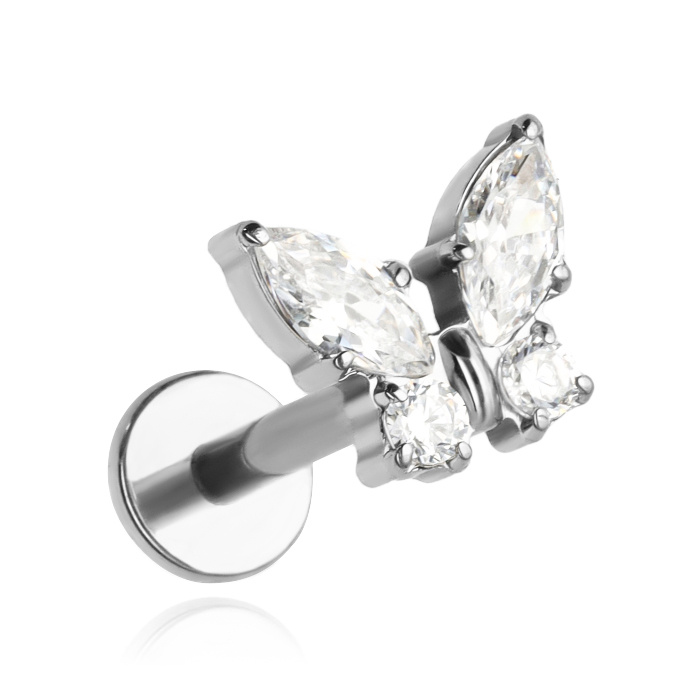 Titanium labret silver butterfly with white zircons