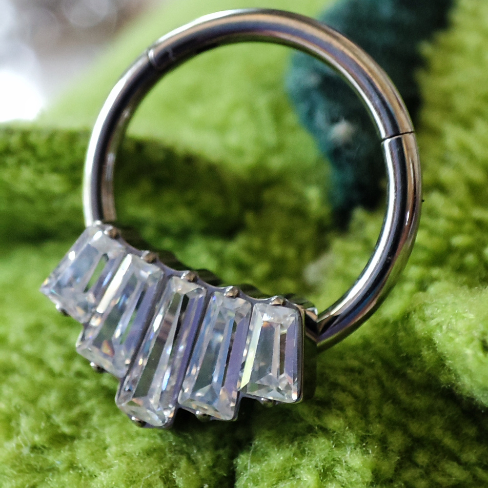 Titanium clicker   ring with zircons - silver - TK-012