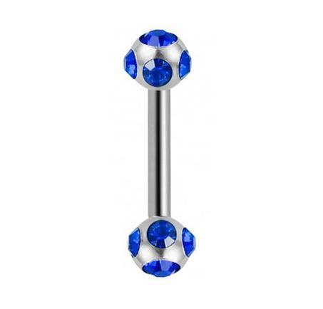 Tongue barbell silver - blue crystals- KJ-002