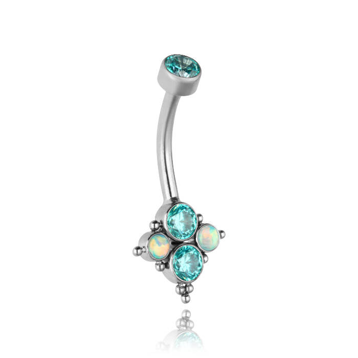 Titanium navel earring with PREMIUM sea zirconia and blue opal - TPP-045