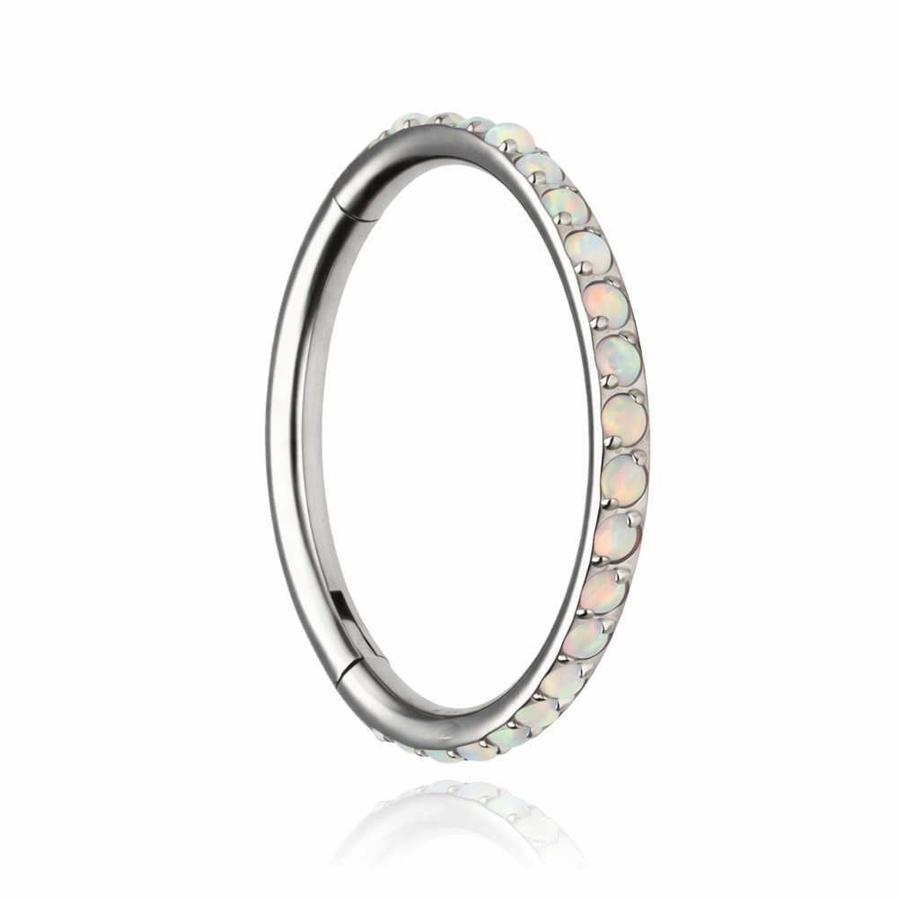 Titanium piercing ring clicker with white opal OP18 - silver - TK-035