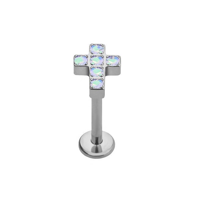 Titanium labret cross - iridescent zirconia - TGW-086