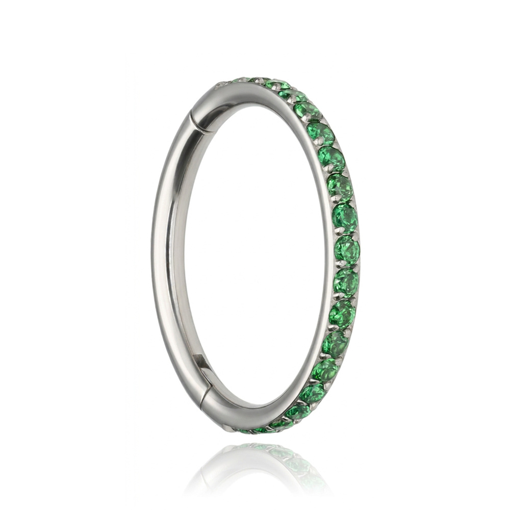 Titanium clicker ring with green cubic zirconia - silver - TK-023