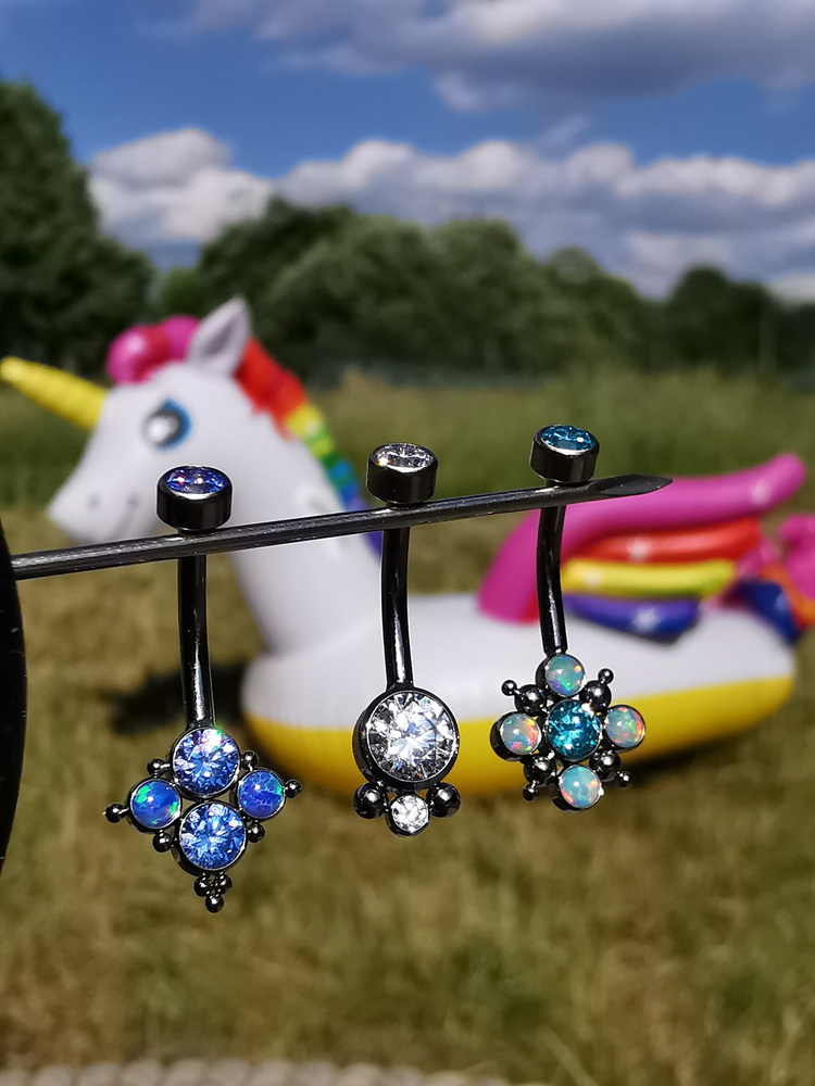 PREMIUM titanium navel earring with sea zirconia and blue opal - TPP-027