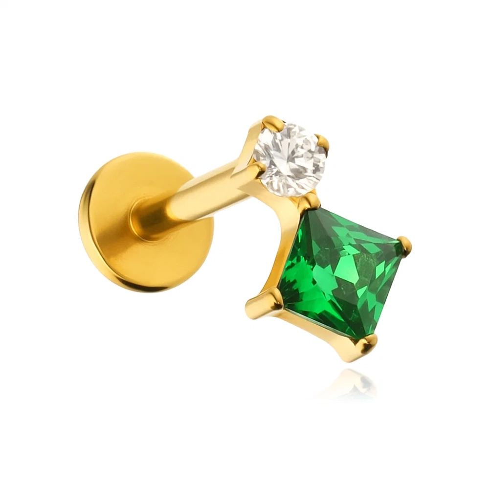 Titanium labret with white and green zirconia - gold
