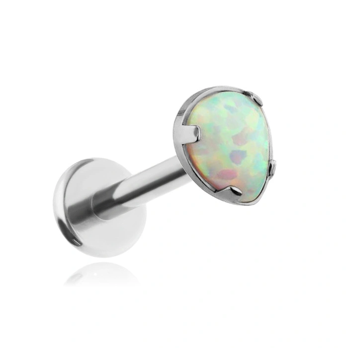 Tytanowy kolczyk labret opal łza jasno niebieska - srebrny