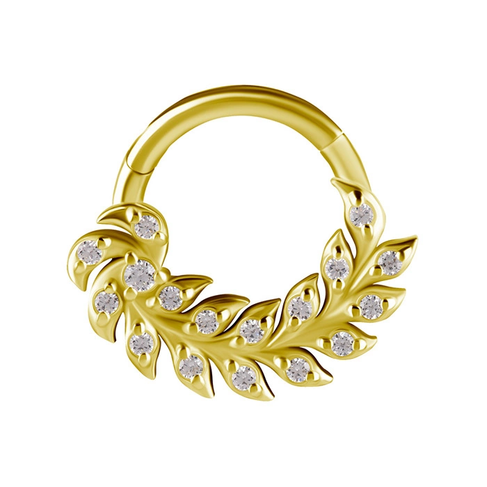 Piercing ring clicker - 18K gold leaf with white zirconia - GD18K-065