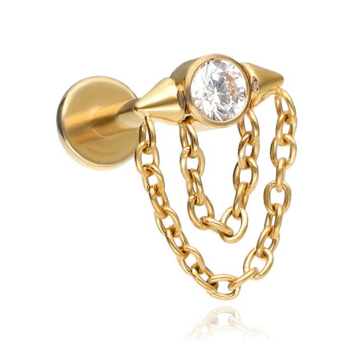 Titanium labret with white zirconia and chains - gold