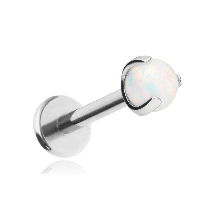 Tytanowy kolczyk labret opal biały - srebrny