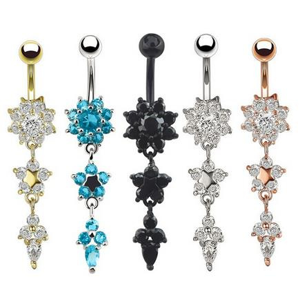 Long silver Belly button ring with blue zircons - KP-054