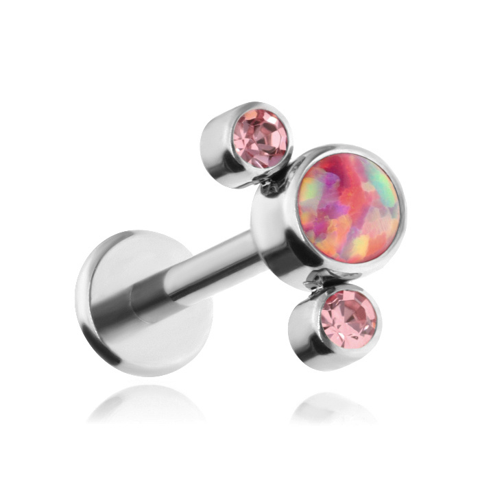 Titanium labret with pink OP22 opal and pink crystals - silver
