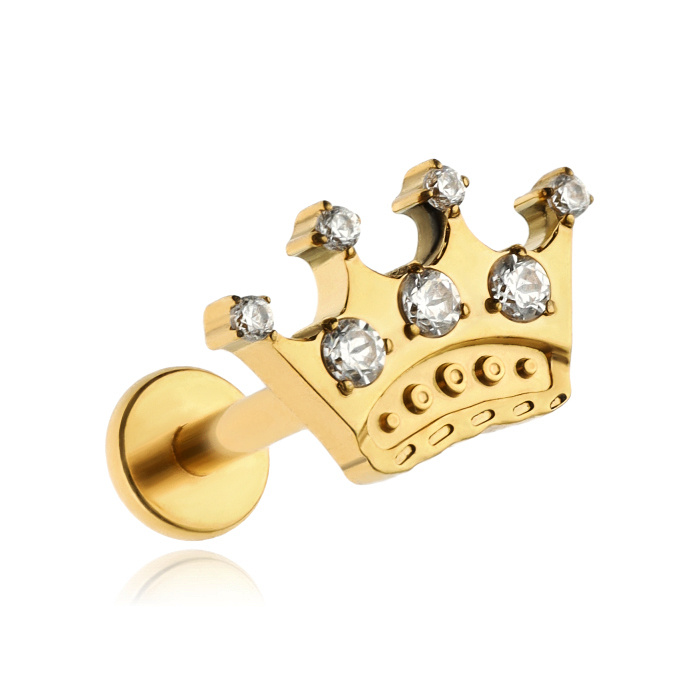 Titanium labret earring crown with white zirconias - gold - TGW-146