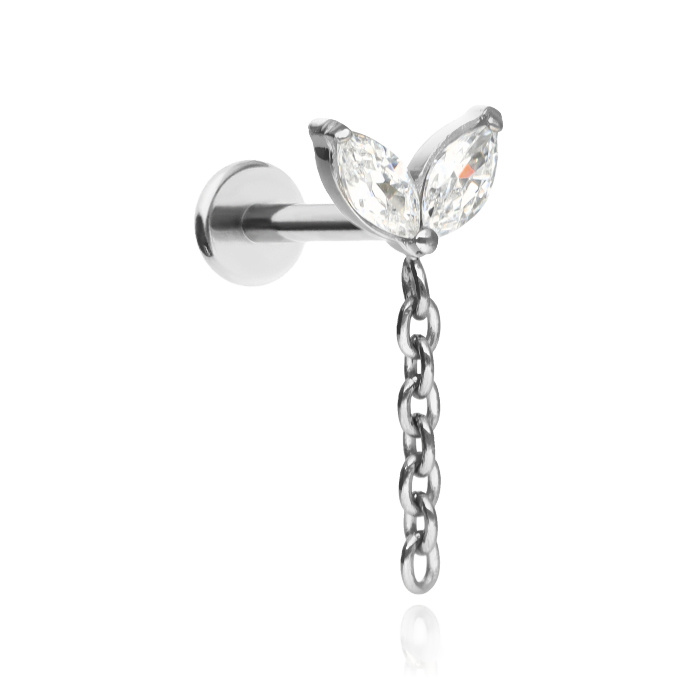 Titanium labret with white cubic zirconias and chains - silver