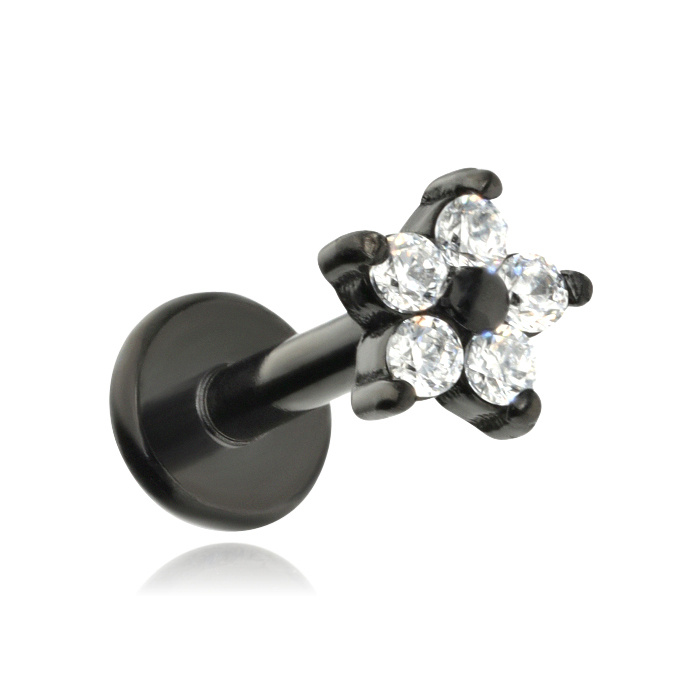 Labret black flower with white zircons - LGW-011