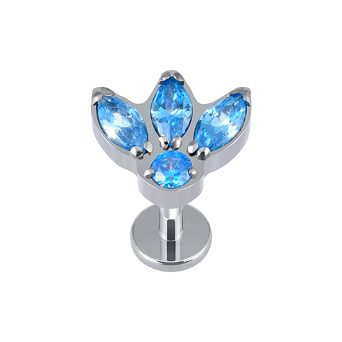 Titanium silver labret earring with blue zircons - TGW-050