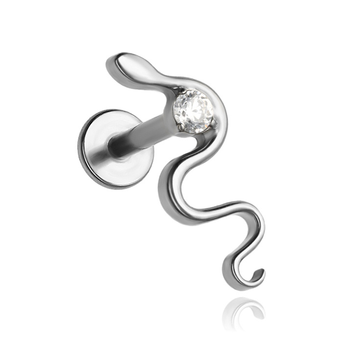 Titanium labret snake with white zirconia - silver - TGW-173