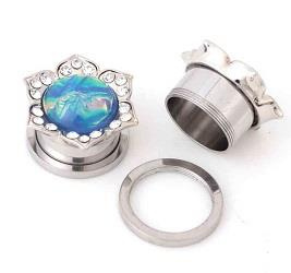 Plug - silver with blue flower and zircons - PT-050