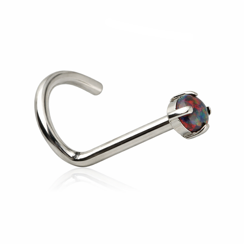 Titanium nose screw with black opal OP33 - silver - TN-005