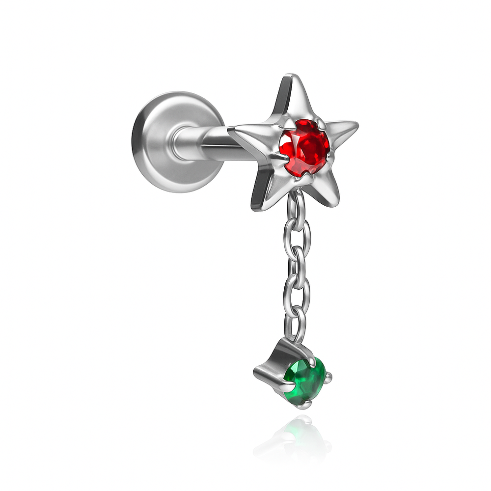Titanium labret star with red and green zirconia - silver