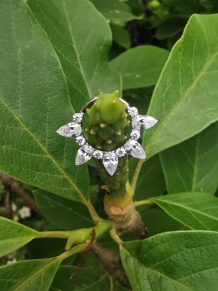 Titanium piercing ring clicker with zircons - silver - TK-067