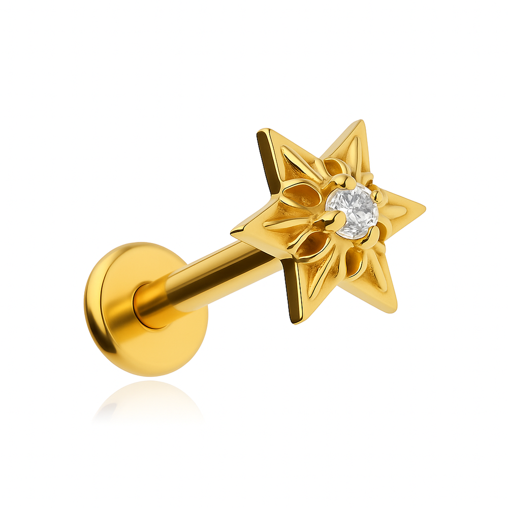 Titanium labret star with white zirconia - gold