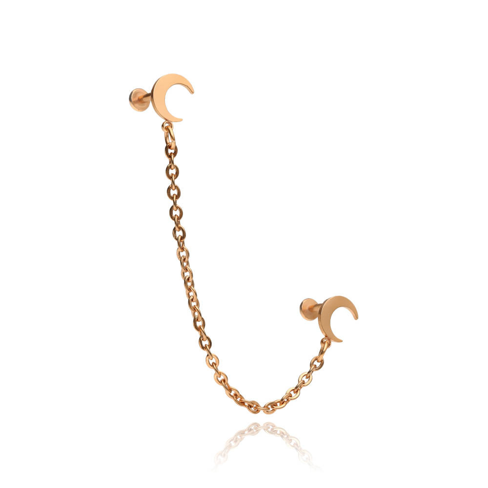 Earring labret moons with chain - rose gold - LGW-044/2