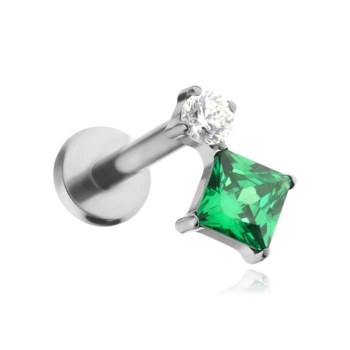 Titanium labret with white and green zirconia - silver