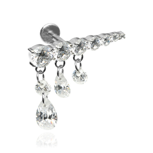 Titanium silver labret earring with white zircons - TGW-118