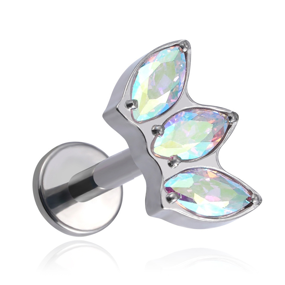 Tytanowy kolczyk labret z opalizującymi cyrkoniami - srebrny