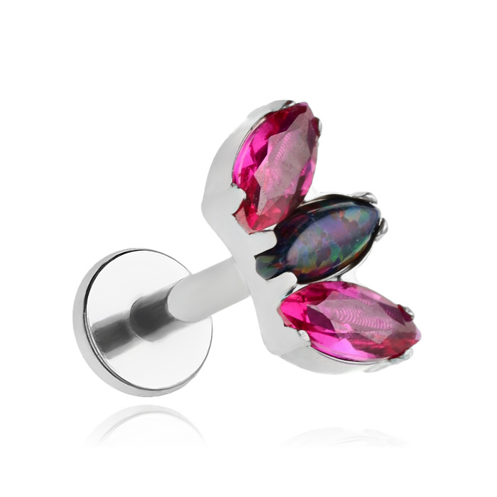 Titanium labret - dark pink zirconia and dark opal - silver