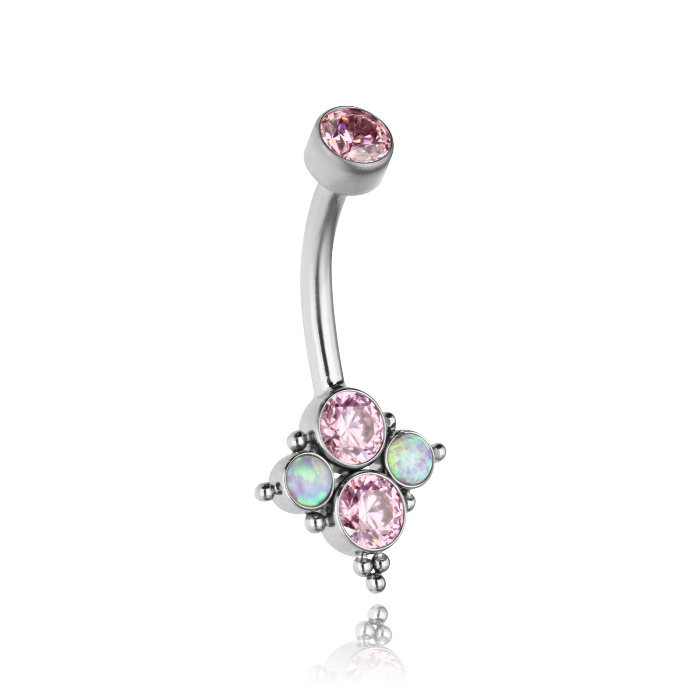 Titanium navel earring with pink PREMIUM zirconia and purple opal - TPP-045